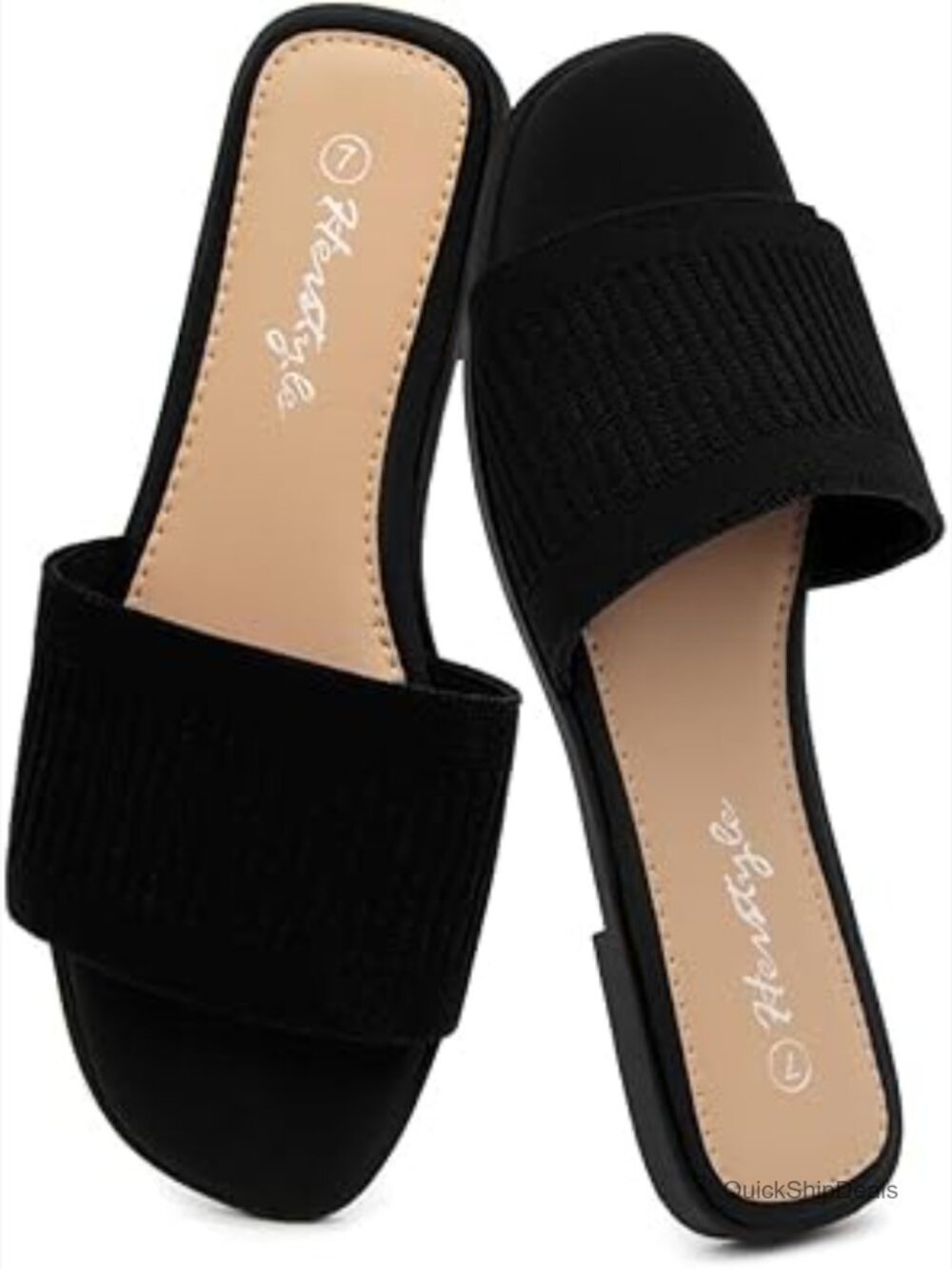 Knit Slide Sandals, Square Open Toe, Memory Foam Cushion, Slip-On Flat
